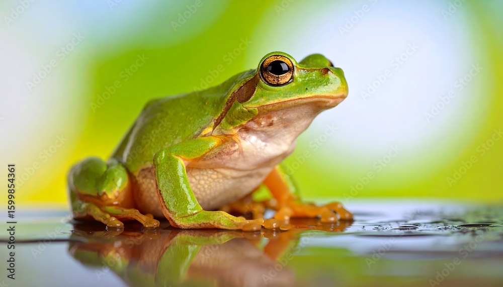 Naklejka premium Green frog on a wet surface