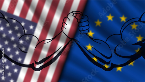 Vector political banner. Confrontation of two powerful systems. Blurred wavy flags of United States of America and European Union. Strong muscular arms of bodybuilders. Arm wrestling.