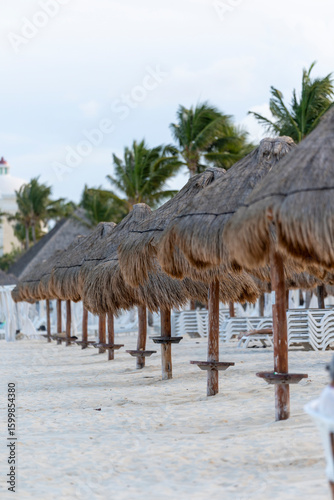 A breathtaking and picturesque view of a truly serene beach, showcasing traditional thatched roof huts perfectly arranged under the gently swaying palm trees, creating an idyllic tropical escape