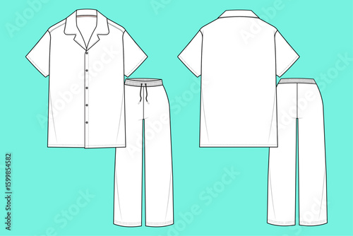 Women's Short sleeve Notch Collar Tops With Long Pant Sleepwear Set Flat Sketch Template Outline CAD Mockup.