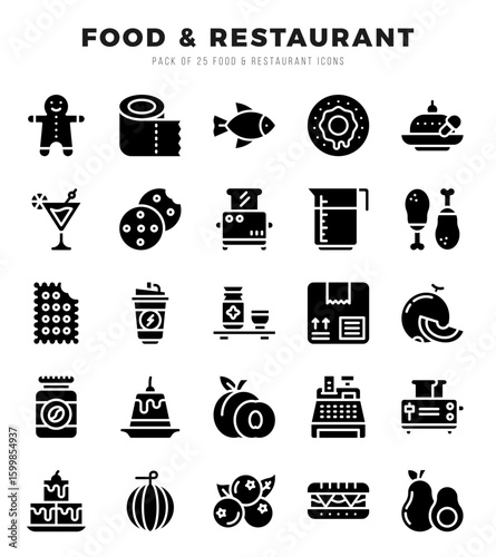 Food and Restaurant icons Pack. Glyph icons set. Food and Restaurant collection set.