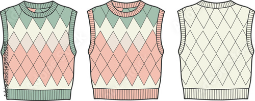 Trendy argyle sweater vest flat sketch, pastel diamond pattern, sleeveless knitwear design, front and back view, fashion CAD illustration
