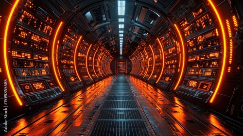 Wallpaper Mural Futuristic Spaceship Corridor: A Glowing Orange Tunnel of Technology Torontodigital.ca