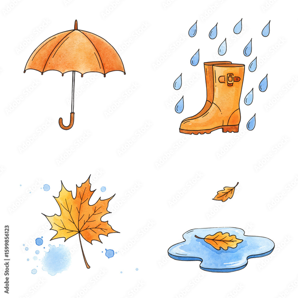 Fototapeta premium Rainy autumn day icon set for weather forecasts, seasonal blogs, outdoor apparel advertisements, and cozy, moody illustrations. Transparent Background, Cutout, PNG