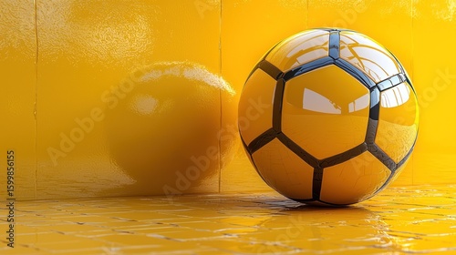Vibrant Yellow Soccer Ball Against a Glossy Yellow Background