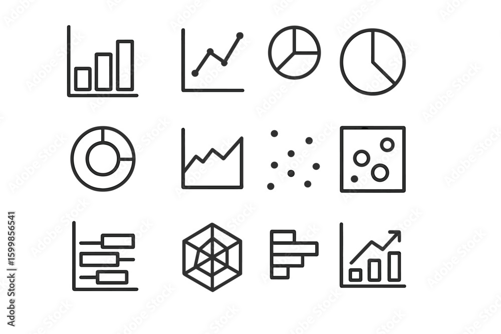 Obraz premium Black graph and chart icons set on textured gray background