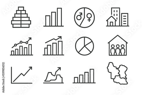 Set of eleven minimalistic black graph and chart icons on textured background