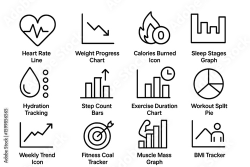 Health and fitness icon set: heart rate, calories, sleep, hydration, exercise