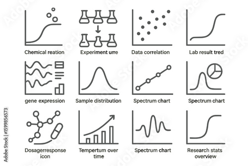 Scientific data icons: experiment, graphs, spectrum, research, analysis