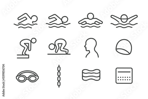 Swimming icons set: divers, gear, and stroke illustrations on dark background
