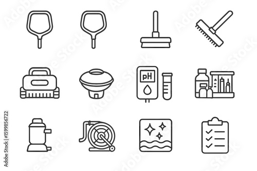 Swimming pool maintenance tools and equipment icons set