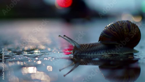 A determined snail makes its slow journey across wet city pavement at night, with reflections of urban lights in the water.