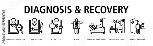 Diagnosis and Recovery Web Banner Outline icon vector illustration concept with icon of medical diagnosis, case history, blood test, x ray, medical treatment, patient recovery, therapy recovery