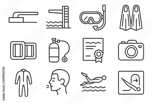 Scuba diving equipment icons: snorkel, fins, goggles, oxygen tank, certification