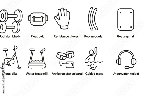 Illustrated icons of aquatic fitness equipment and accessories