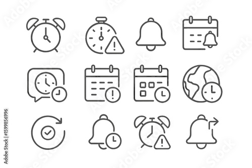 Grayscale alarm and calendar icons for time management and scheduling
