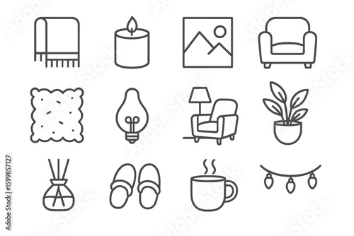 Cozy home icons featuring furniture, decor, and lighting elements
