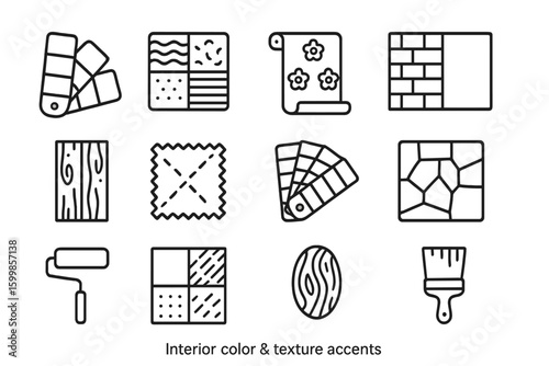Interior design elements: color swatches, textures, flooring, and wallpaper icons