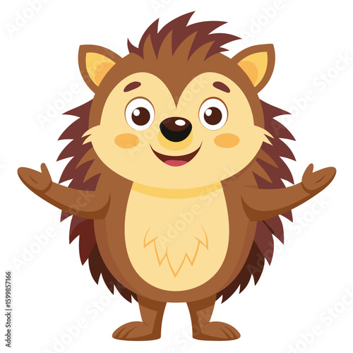 A cute, funny cartoon animal illustration of a wild baby hedgehog or lion with a big smile for a fun jungle safari drawing