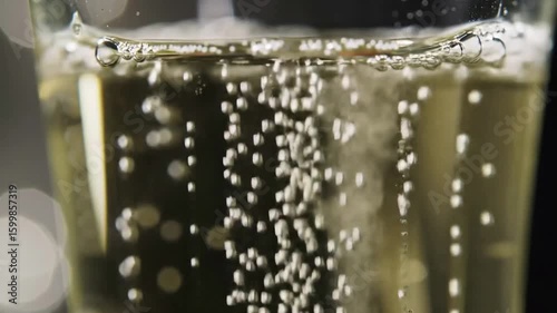 Close-up of golden sparkling wine with effervescent bubbles rising in a glass, symbolizing a celebration or luxurious toast.