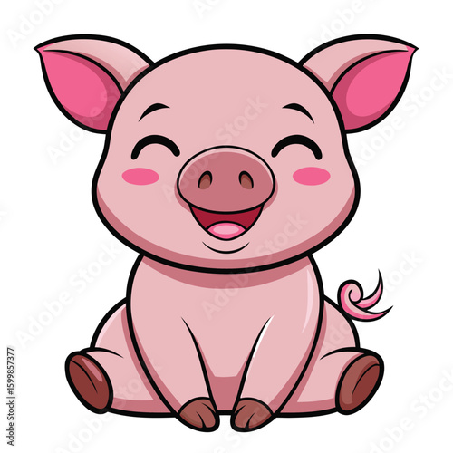 A cute, funny, pink cartoon piglet illustration of a smiling farm animal