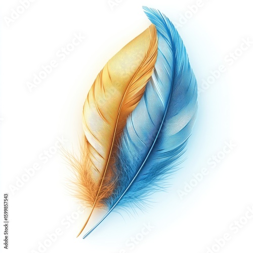 A soft, single blue feather, isolated on a white background, symbolizing the light and airy nature of a bird's wing