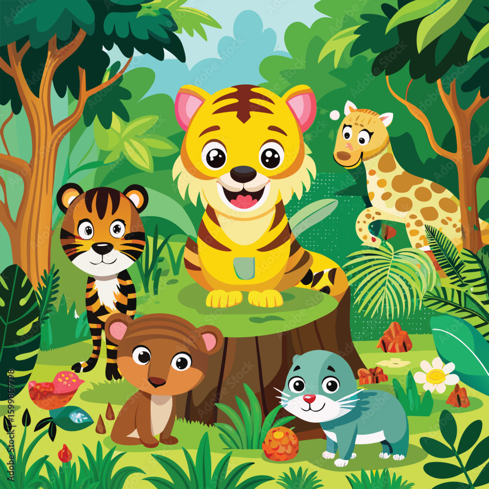 Obraz premium Funny cartoon safari animal character head icons set collection