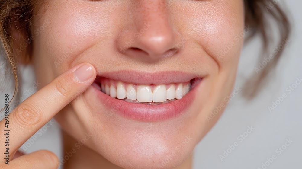 Obraz premium A woman with a white smile and a finger pointing to her teeth. Concept of cleanliness and good dental hygiene
