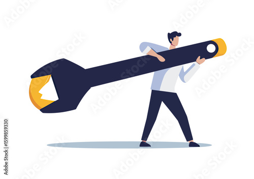 Businessman carrying oversized wrench symbolizing problem solving and fixing challenges in business crisis management conceptual flat design vector illustration