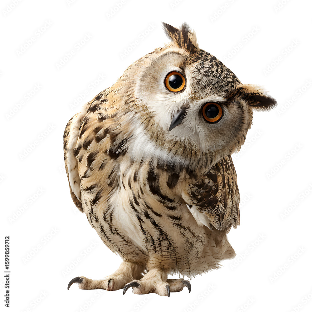 Fototapeta premium Detailed eared owl figurine with realistic feathers isolated on transparent background