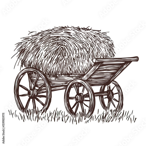 Hand drawn rustic wooden hay cart with stacked hay bundle in grass field vintage sketch style agricultural farm illustration outline vector