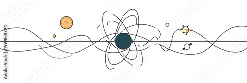 Minimalist one line drawing of atom symbol with orbiting electrons and molecular structures representing science and research concepts in vector format