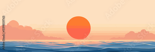 Minimalist flat vector illustration of vivid orange sun setting over calm blue ocean waves with soft peach sky and distant clouds horizon landscape design