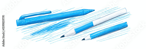 Blue pen and pencils drawing with scribble line strokes and sketch effect minimalist flat vector illustration on white background