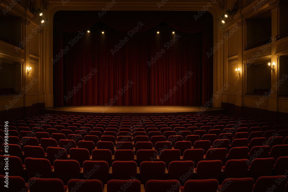 Fototapeta premium Red theater curtains open as actors take a bow on stage, framed by red chairs.