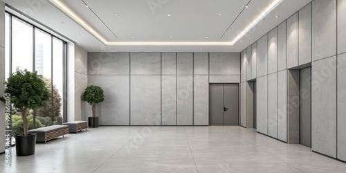 Minimalist Lobby Interior Design Concrete Walls, Floor, Plants, Benches, Modern Composition, 3D Render, Clean Lines Minimalist design