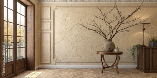 Minimalist Interior Design Beige Wall, Wooden Accents, Branch Arrangement, herringbone floor Interior Design, Minimalist Decor