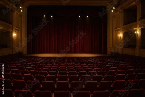 Red theater curtains open as actors take a bow on stage, framed by red chairs.