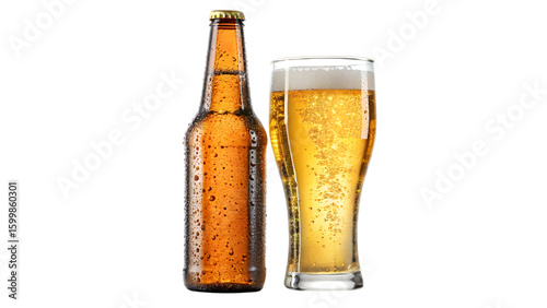 glass of beer with foam and beer bottle isolated on transparent background