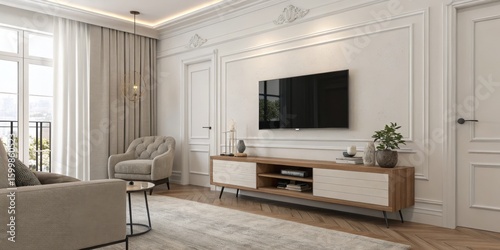 Modern Living Room TV Console Design, Herringbone Floor, Neutral Palette, 3D Render, Interior Design, Home Decor Interior Design, 3D Rendering