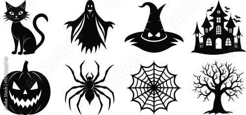 Vector art of a curated set of eight iconic halloween symbols including a black cat ghost witch hat haunted castle jackolantern spider