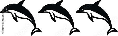 Vector animal silhouettes: dolphin, cat, and lion illustrations, isolated in black for a striking wildlife logo