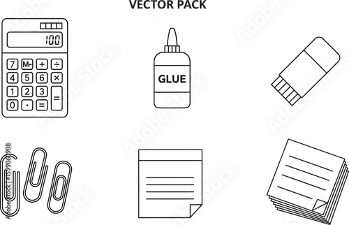 School and office supplies collection featuring calculator, glue, eraser, paper clips, and notes