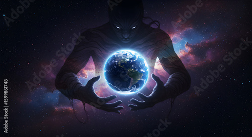 Cosmic Being Holding Planet Earth in Hands