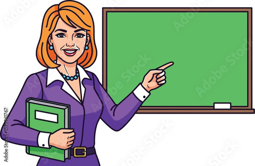 Cartoon illustration of a smiling teacher with orange hair pointing to a green chalkboard, holding a book, perfect for educational content and back to school themes.