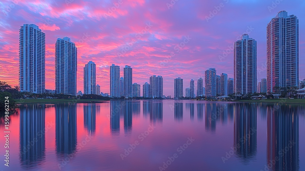 Fototapeta premium Sunrise Reflections: A Serene Miami Skyline
