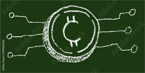 Chalk hand-drawn crypto coin icon on green chalkboard background. Simple doodle vector representing cryptocurrency, bitcoin, blockchain, digital money, finance, investment, and virtual currency.