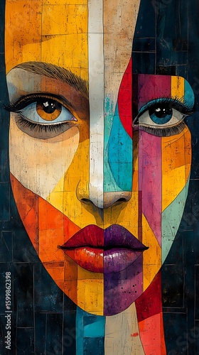 Artistically rendered vibrant portrait of a woman's face with a colorful geometric fragmented style photo