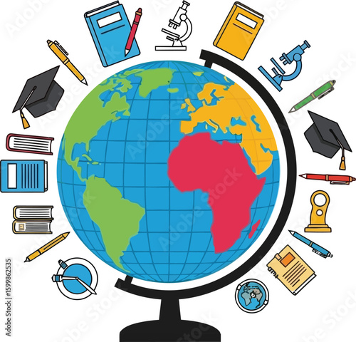 Educational globe illustration showcases learning tools like books, pens, microscopes, and graduation caps, symbolizing global education and academic success for students and teachers.