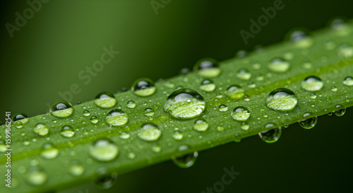 Macro shot of dew drops on a vibrant green leaf